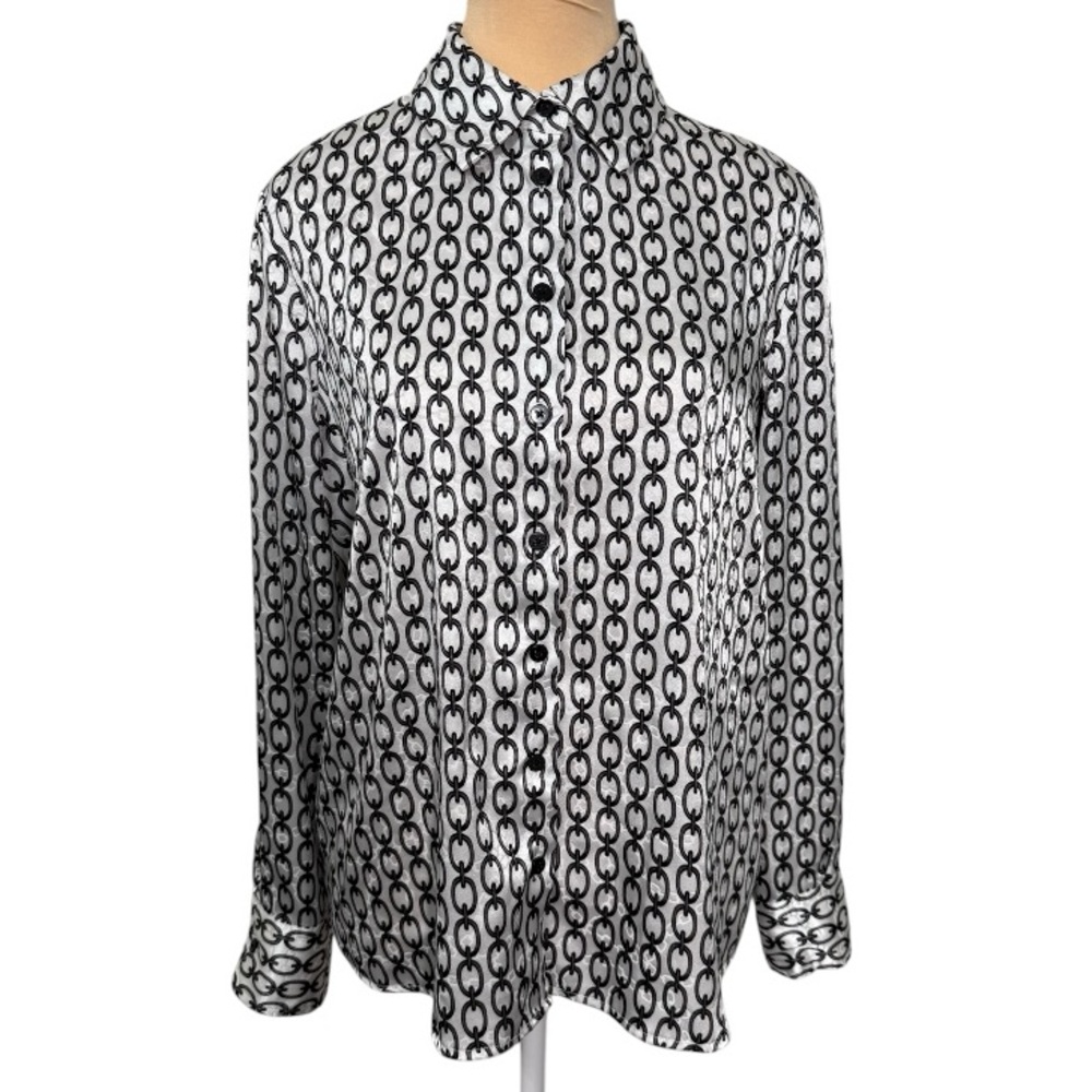 Cupcakes and Cashmere Black White Chain Print Satin Button Down Blouse Small EUC